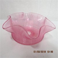 Threaded Cranberry glass ruffled bowl 5.5" across