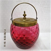 Diamond Quilted Cranberry glass biscuit barrel