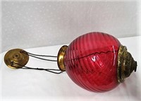 Hanging Cranberry Swirl glass hall lamp