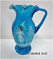 Hand blown Mary Gregory 10.25" pitcher with