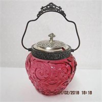 Cranberry glass biscuit barrel