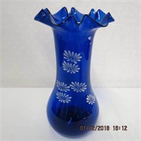 Hand blown Cobalt blue overlay ruffled top vase