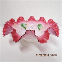 Cranberry cased glass ruffled brides basket