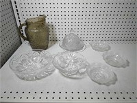 Collection of glass bowls, butter dish & pitcher