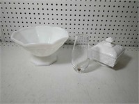 Milk Glass fruit bowl candy dish & clear vase