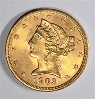 1903-S $5 GOLD LIBERTY GEM BU