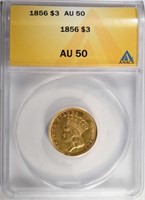 1856 $3 GOLD INDIAN PRINCESS ANACS AU50