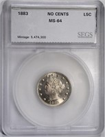 1883 NO CENTS LIBERTY V NICKEL SEGS GEM BU