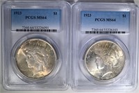 2- 1923 PEACE SILVER DOLLARS, PCGS MS-64
