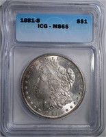 1881-S MORGAN DOLLAR, ICG MS-65 GEM