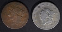 1834 VG cleaned & 1839 “BOOBY HEAD” G LARGE CENTS