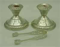 2 Sterling Silver 3" Weighted Candle Sticks & Tong