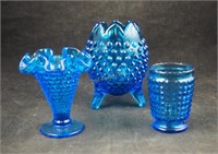 3 Assorted Small Blue Glass Hobnail Vases