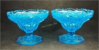 2 Clear Blue 6 1/2" Pressed Glass Compote Bowls