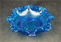 Fenton Thumbprint 8" Blue Glass Ruffle Dish