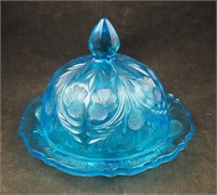 Vtg Blue Glass Dome Butter Dish W Lid