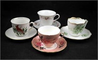 4 Vtg English & Bavaria China Tea Cups W Saucers
