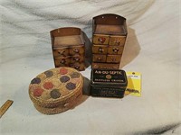 Sewing Basket, Boxes, & Tin With Sewing Supplies