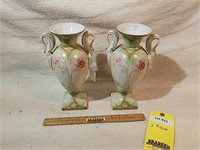 Pair of Swan Handle Prussia Vases, 10" Tall