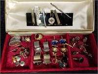 Box of tie clips, tacks and cuff links