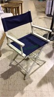 White wood folding deck chair, blue canvas seat