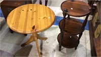 2 pine wood side table,s, one stained three tier