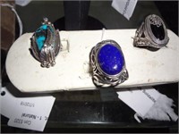 3 Sterling Rings: Soldalite, Turquoise & Onyx
