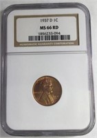 1937D 1 CENT LINCOLN PENNY MS66 RD