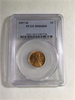 1937 D 1 CENT LINCOLN PENNY MS66 RD