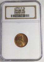 1950 D 1 CENT LINCOLN PENNY MS66 RD