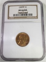 1942 D 1 CENT LINCOLN PENNY MS66 RD