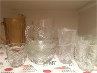 Etched cups, bowls, and pitchers