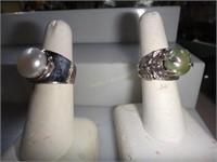 2 Sterling Pearl Rings: One Grey & Green