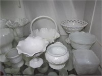 9 Assort. Milk  Glass Basket, Compote, Creamer & P