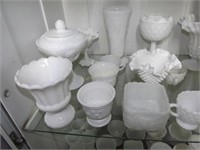 14 Assort. Milk Glass Pcs To Incl Vases, Cream & S