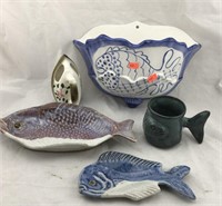 Pottery Fish Trays and Mug, Huge Fish Wall