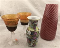 Art Glass Wine Glasses and Pink Swirl Vase,