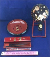 Oriental Lacquer Bowl, Chopsticks, Hand Mirror