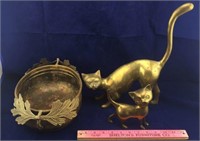 Brass Bowl & Brass Cat Figures