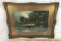 Framed Lithograph of Sheep with Shepherd