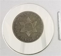 1853 3 CENT SILVER PIECE COIN