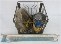 Metal wire dairy crate with contents that