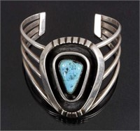 Signed Navajo Offset Sterling & Turquoise Bracelet