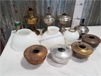 Box of kerosene lamps/shades/parts