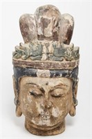 Asian Carved Polychrome Wood Head of Buddha