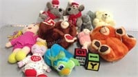 10 assorted vintage stuffed animals and homemade