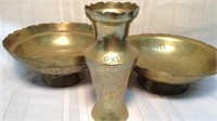 Three vintage brass pieces. Two bowls 9" x 4" and