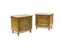 Mid Century Burl and Brass Nightstands - Pair