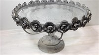 Metal rose detailed cake plate with glass tray,