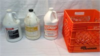 Cleaning products in a crate. C-Nine disinfectant